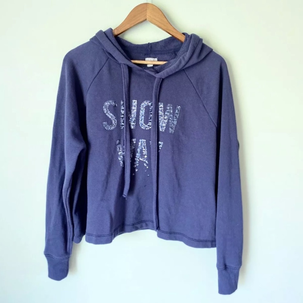Aerie Navy Sequin Graphic “Snow Way” Hoodie Sz M